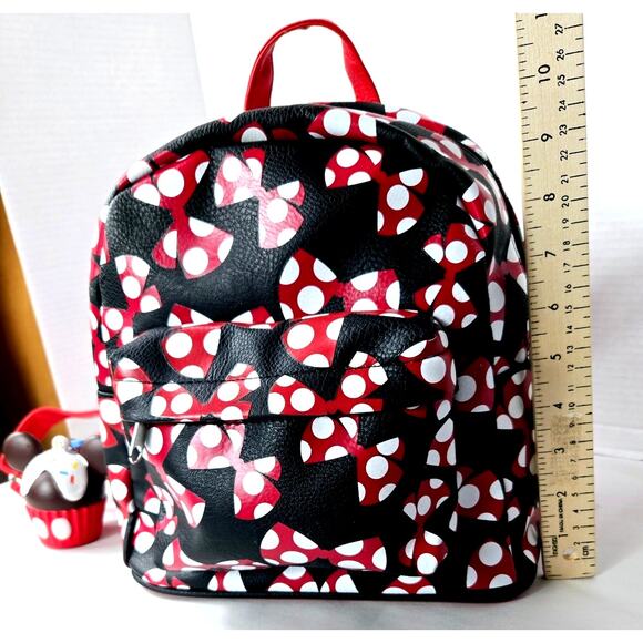 Disney Parks Backpack Minnie Mouse Large Bow Bag w/ Mickey Cupcake Keychain - Picture 5 of 13